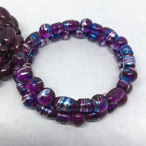 Bundle lot 2 artisan purple art glass coil wrap bracelets boho style handmade. - Picture 2 of 4